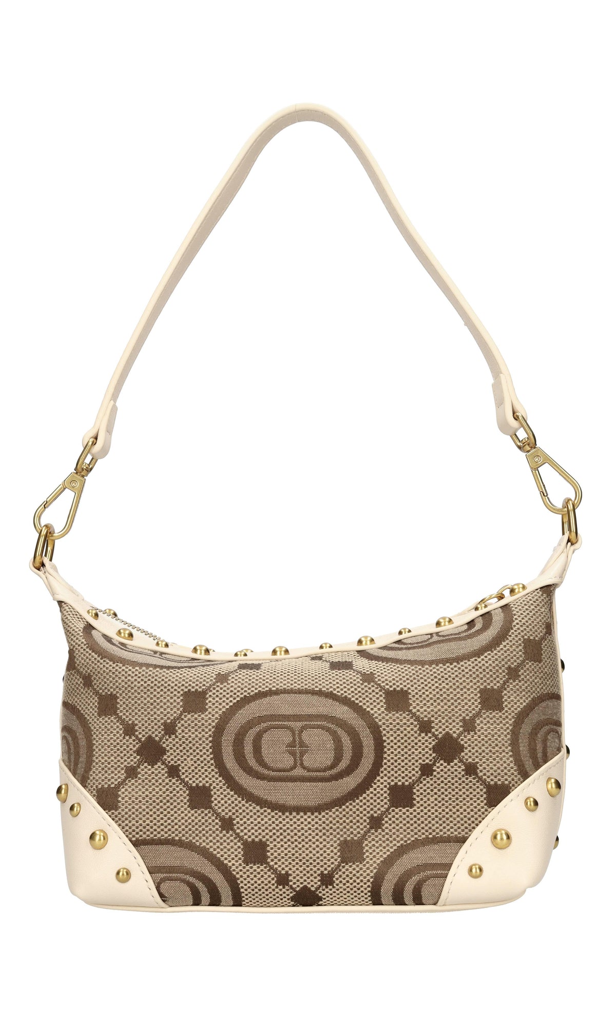 Borsa in tessuto con inserti in pelle e borchie 