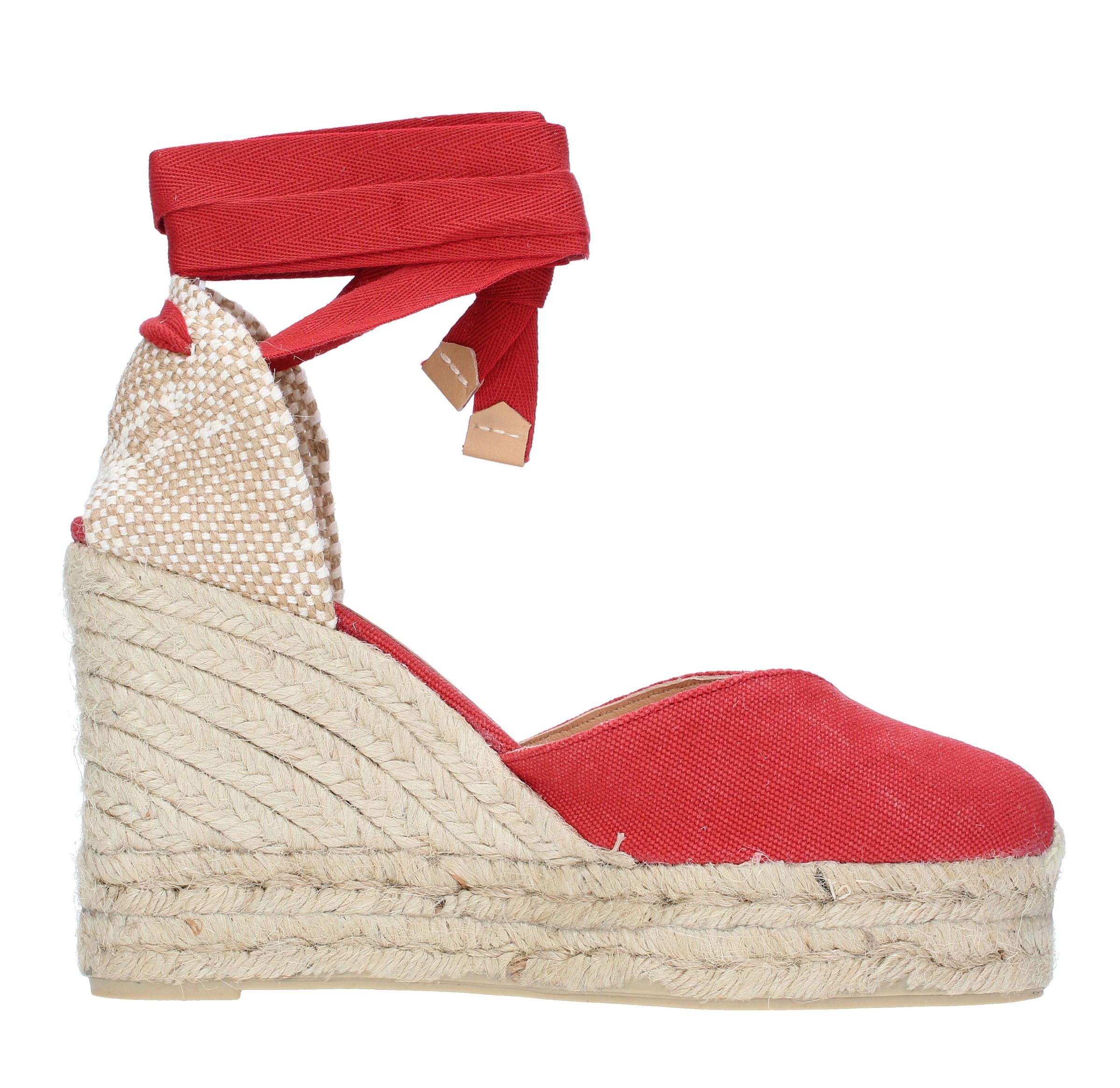 Sandali con zeppa in tessuto e corda 
