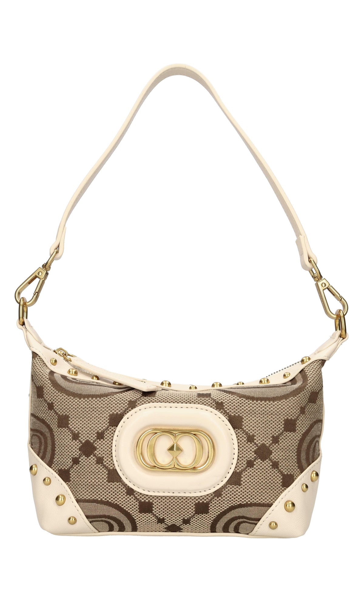 Borsa in tessuto con inserti in pelle e borchie 