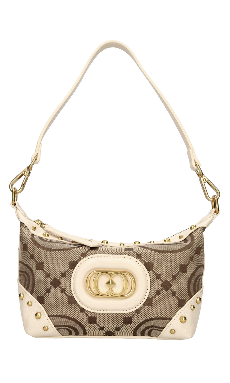 Borsa in tessuto con inserti in pelle e borchie 