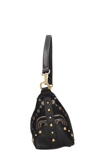 Borsa in tessuto con inserti in pelle e borchie 