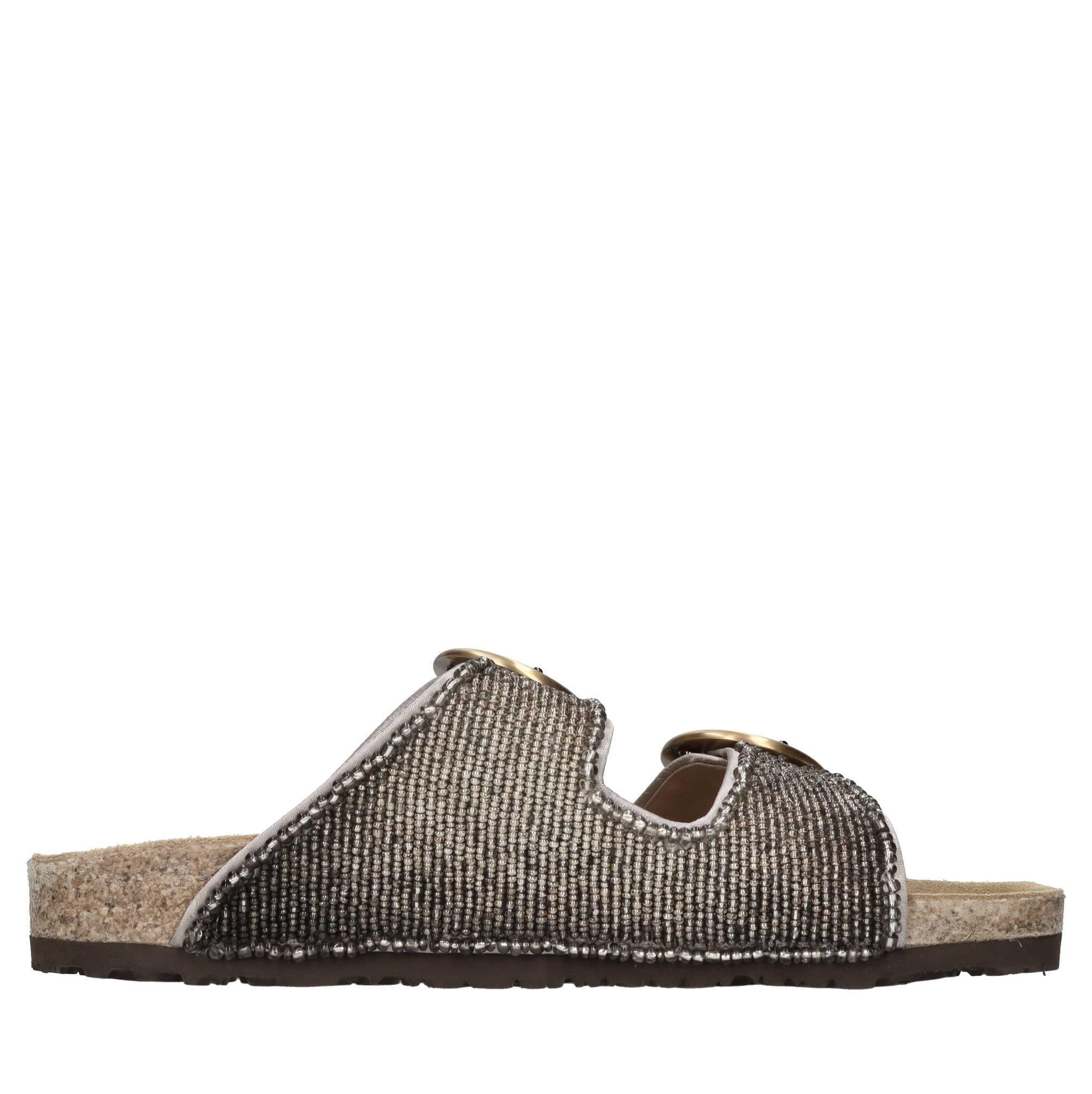 Mules in pelle, tessuto e perline 