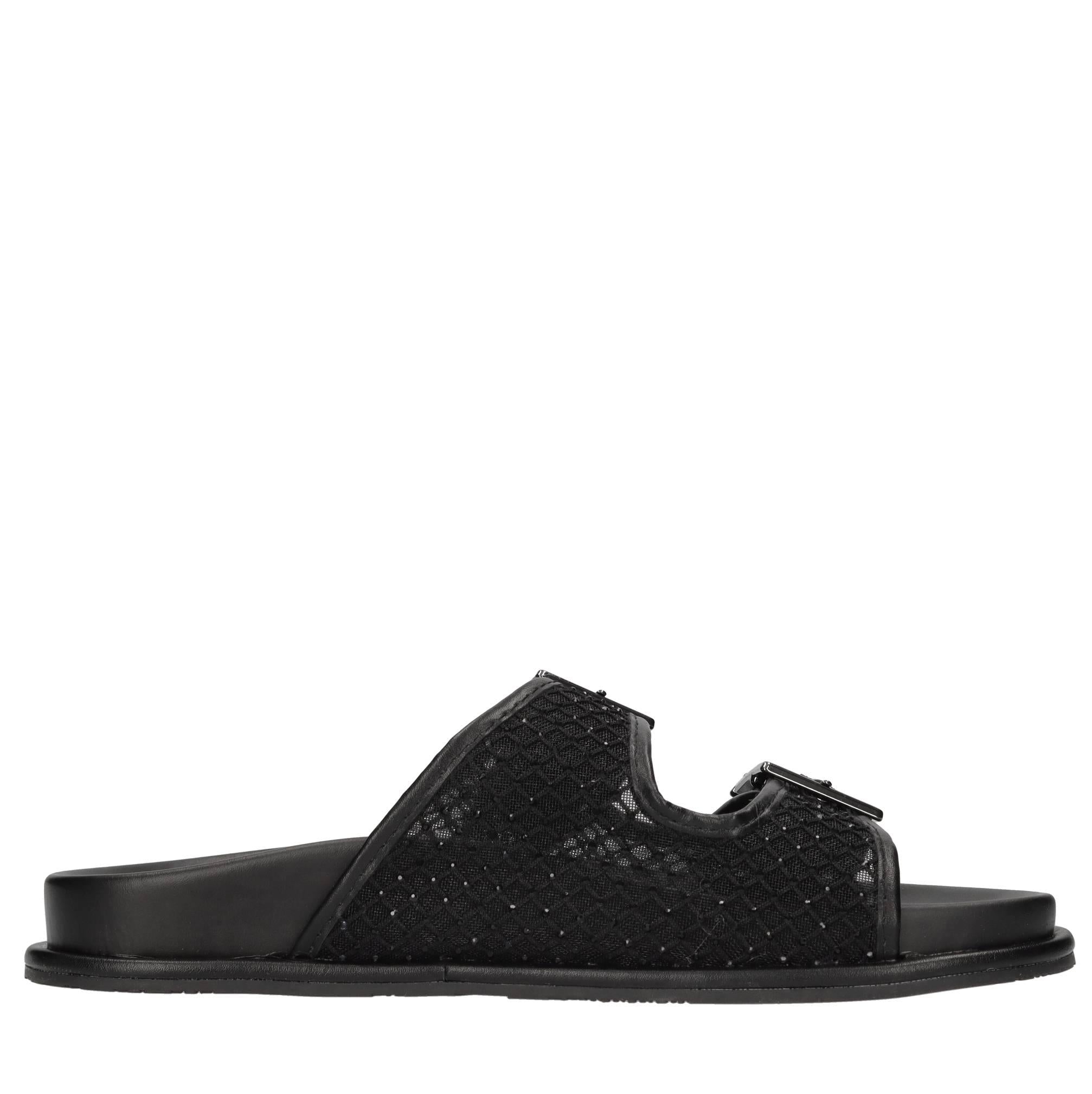 Mules in ecopelle, rete in tessuto e strass 