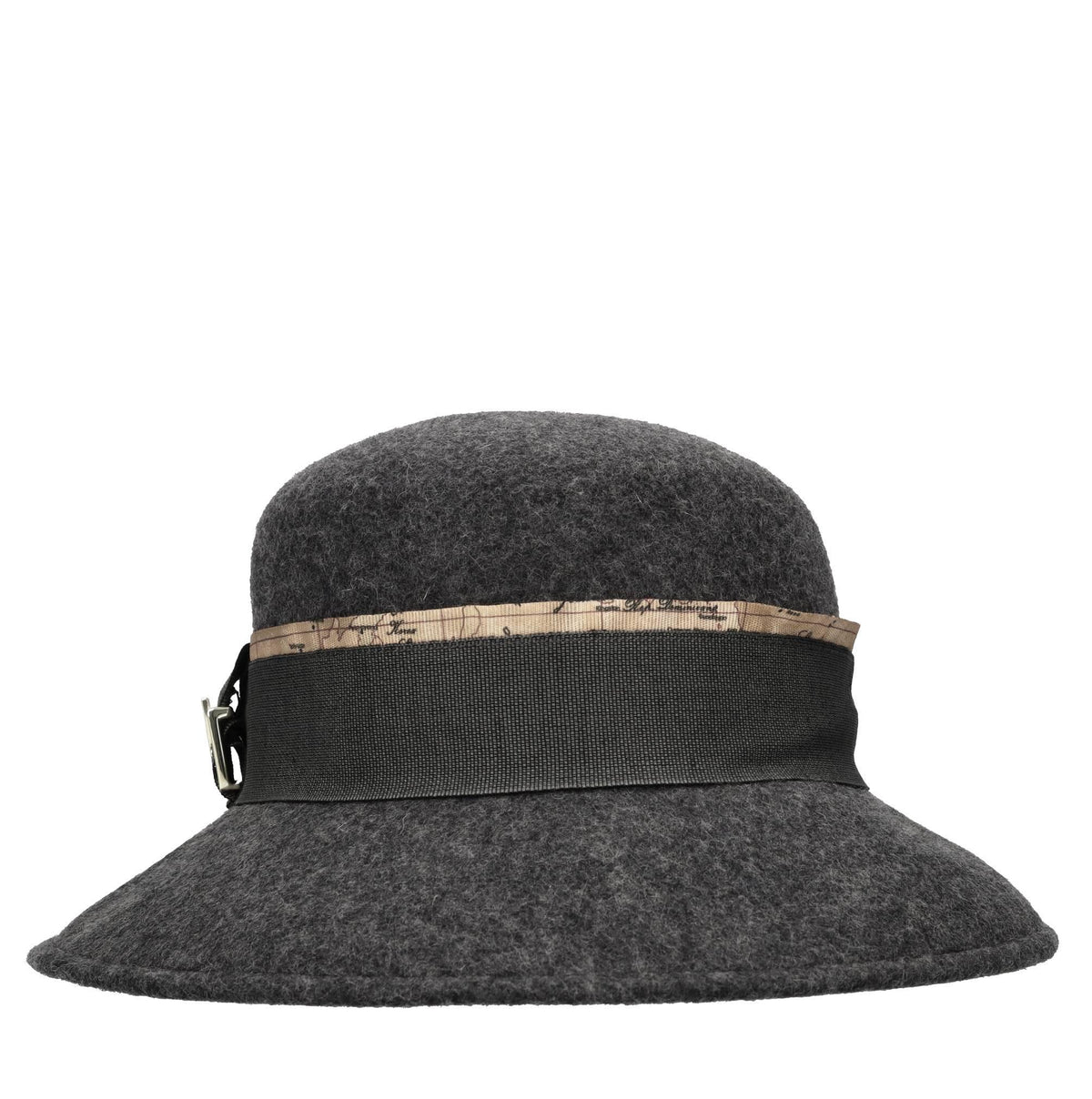 Cappello cloche in feltro con nastro in grosgrain ed accessorio color oro 