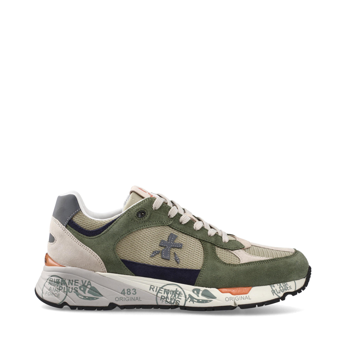 Sneakers in pelle scamosciata, tessuto e inserti in pelle 