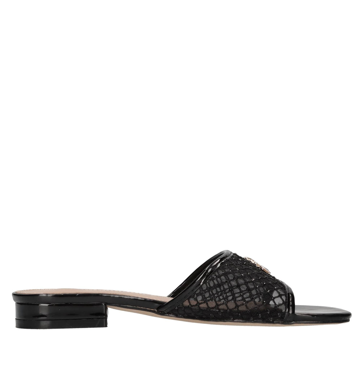 Mules in ecopelle, rete in tessuto e strass 