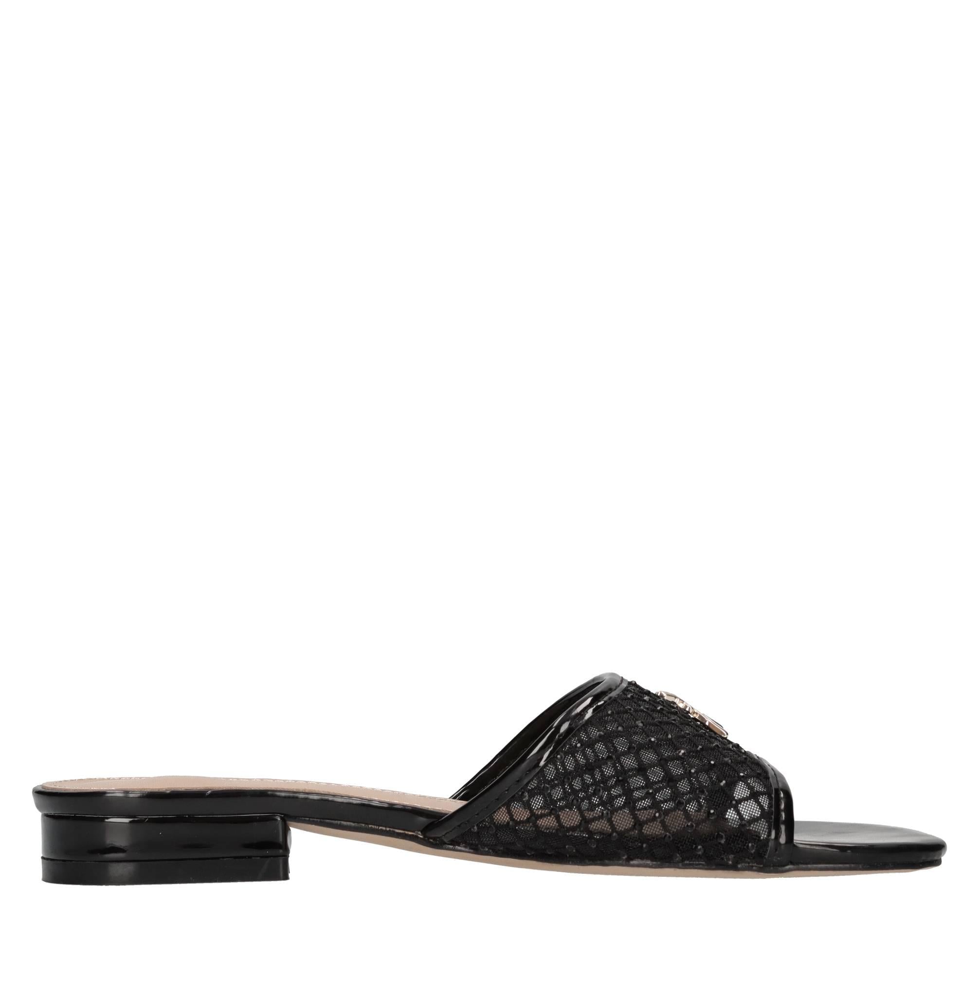 Mules in ecopelle, rete in tessuto e strass 