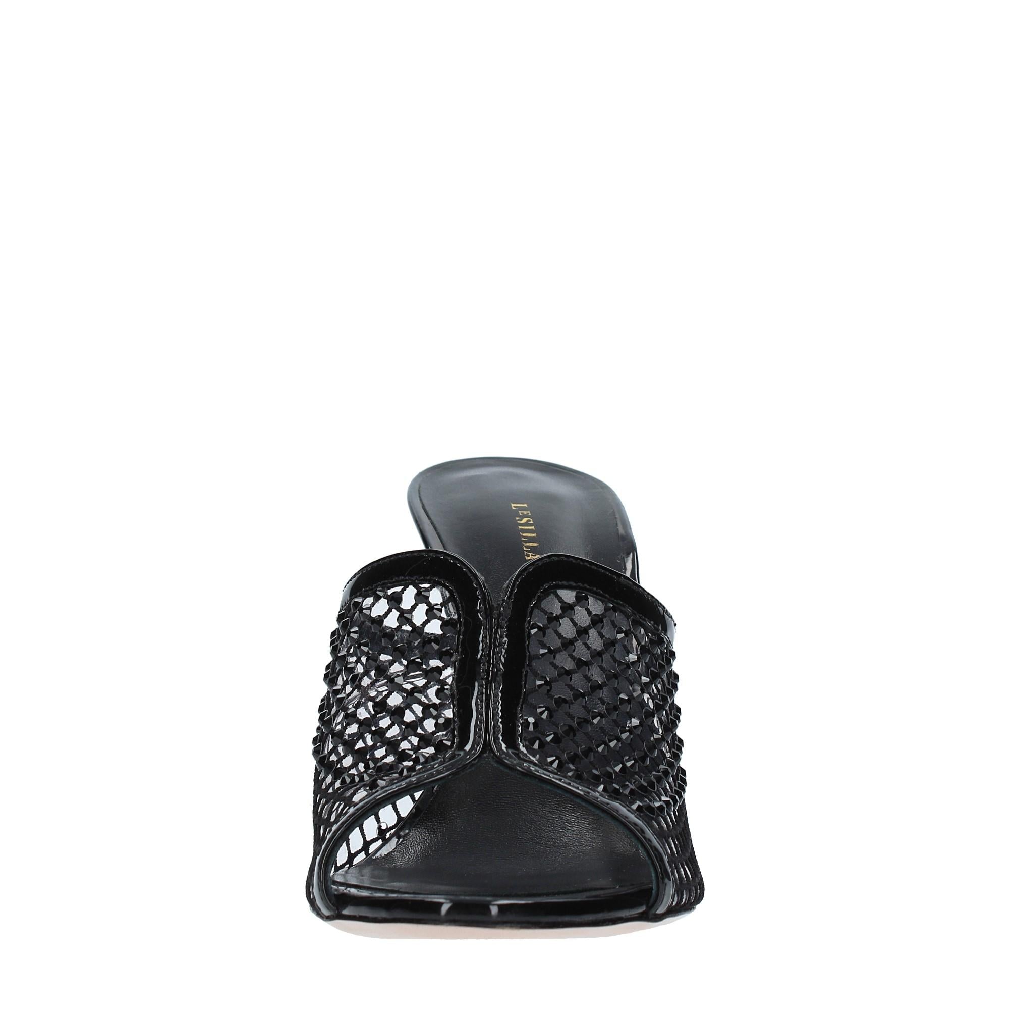 Mules in pelle tessuto e PVC 