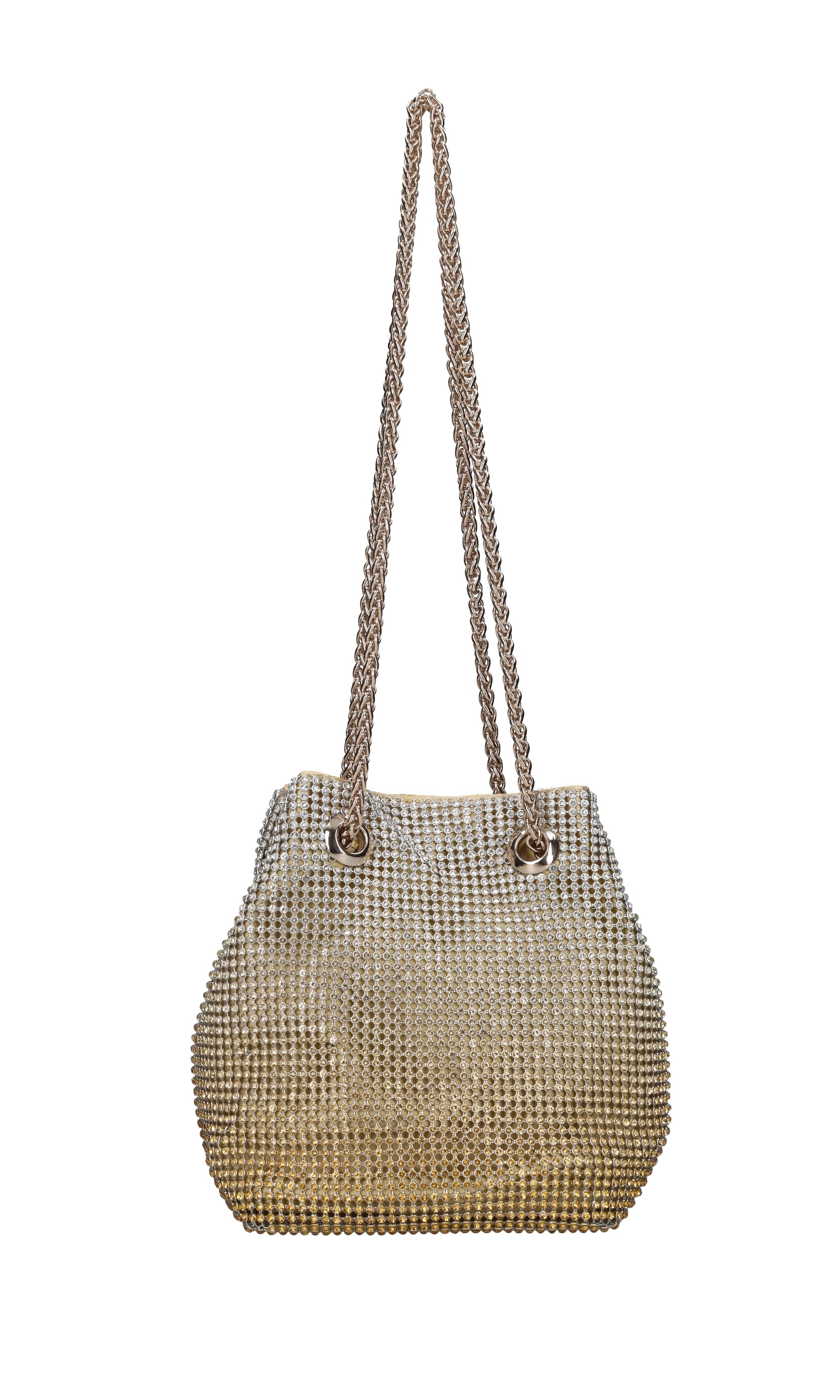 Mini secchiello in raso e maglia metallica in strass 