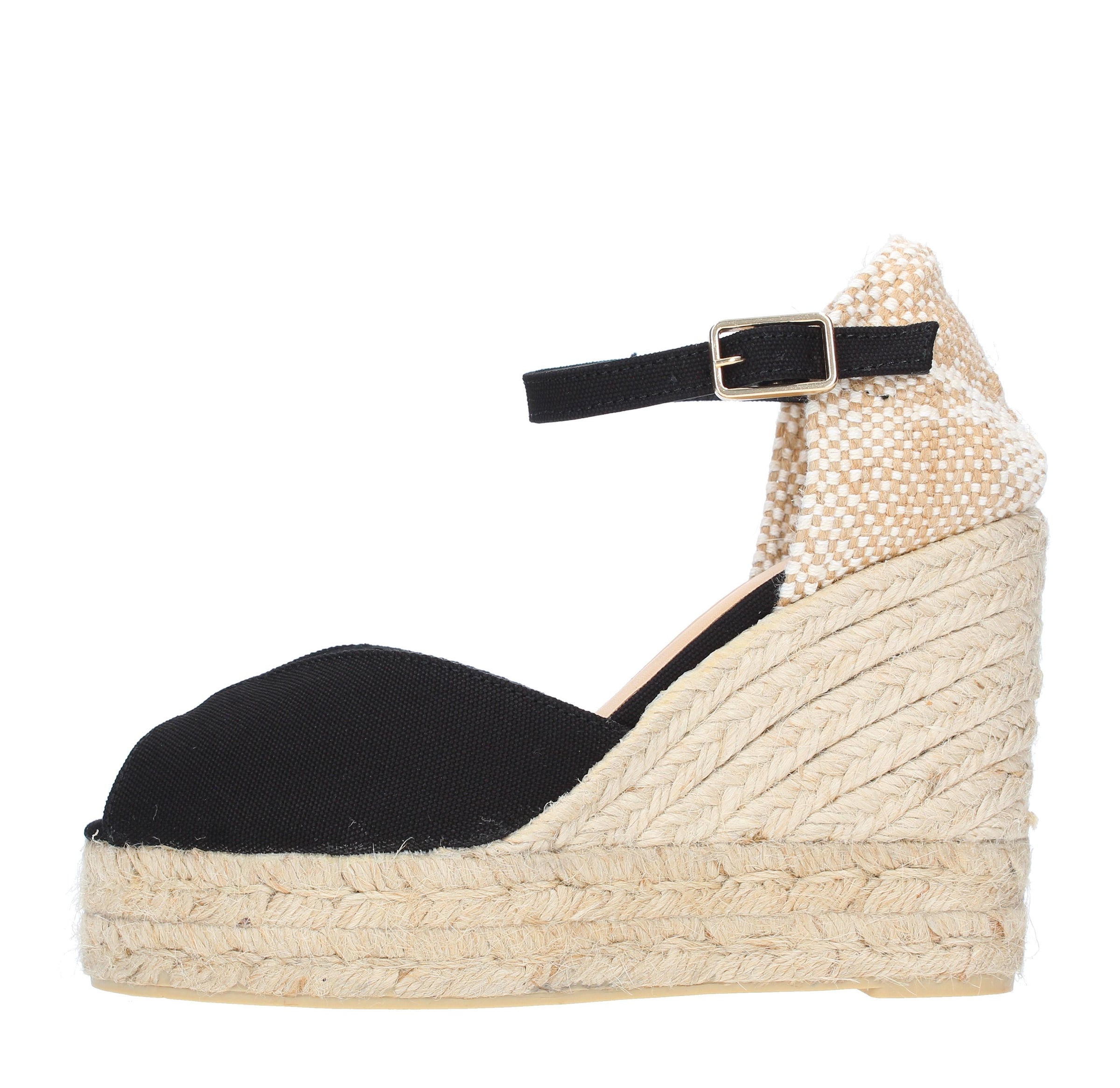 Sandali con zeppa in tessuto e corda 