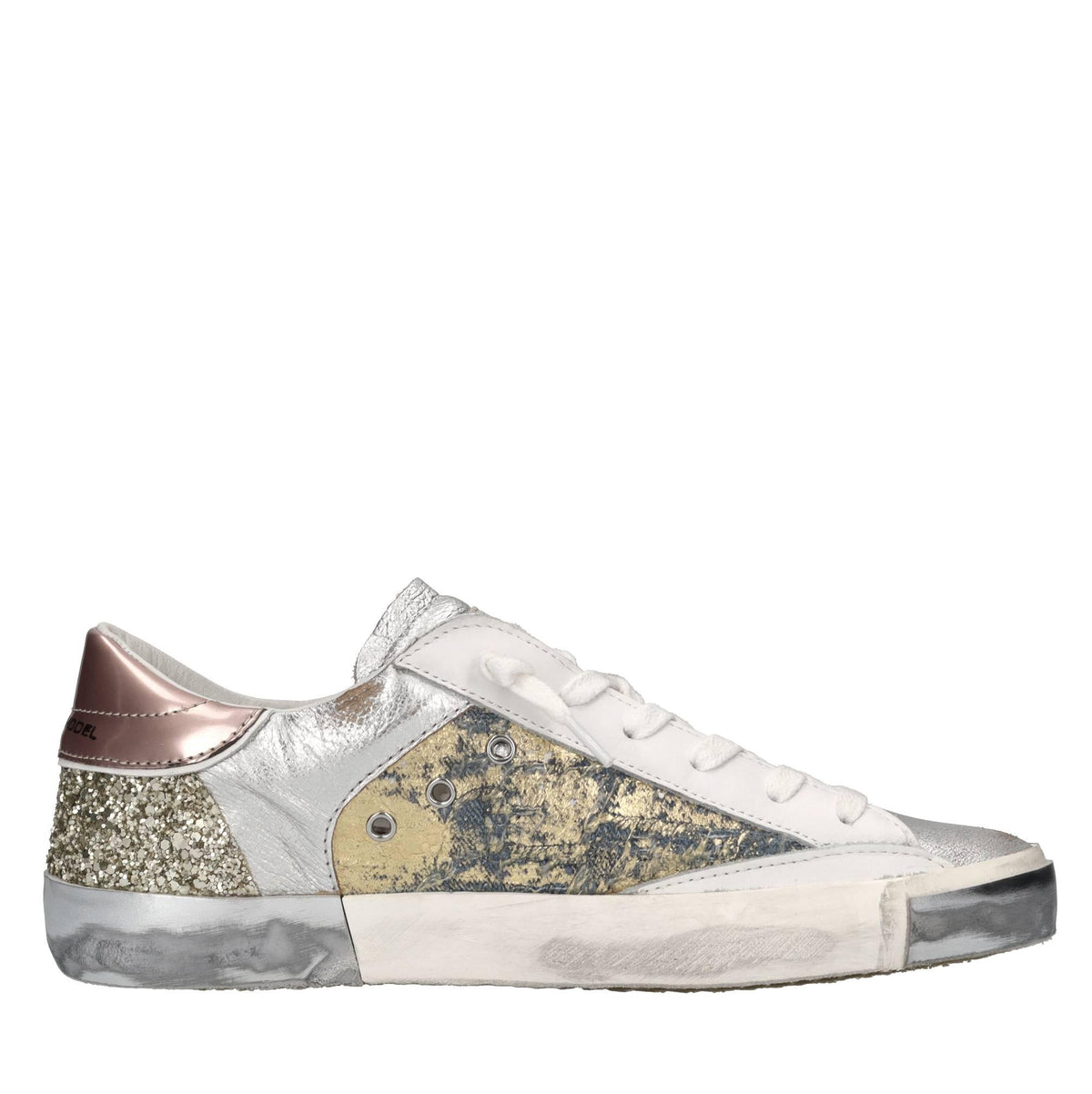 Sneakers in pelle,tessuto e glitter 