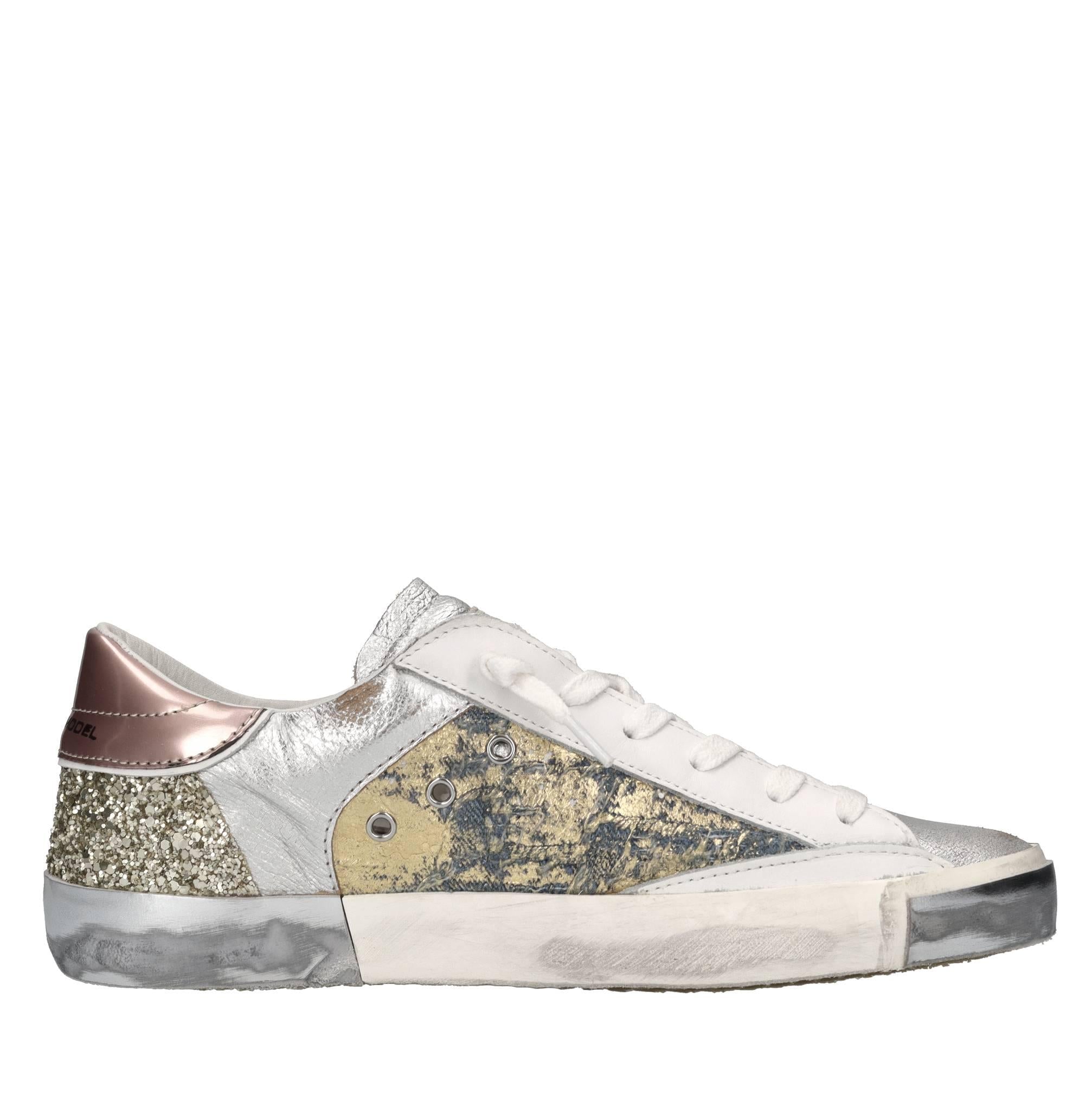 Sneakers in pelle,tessuto e glitter 