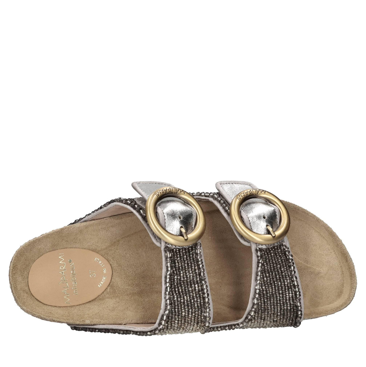 Mules in pelle, tessuto e perline 