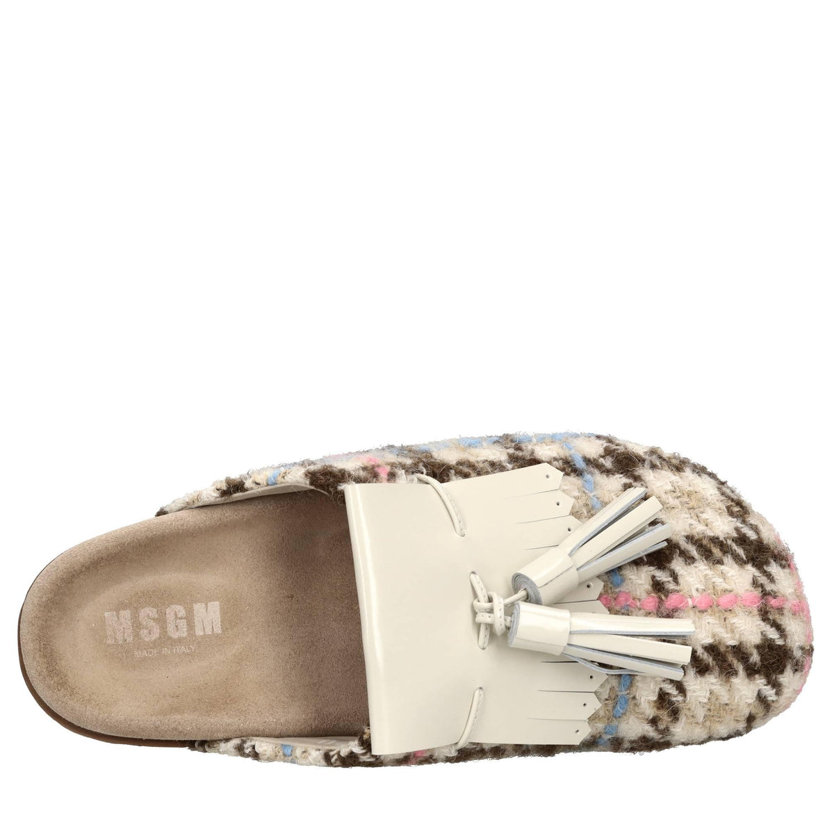 Mules in tessuto e pelle 