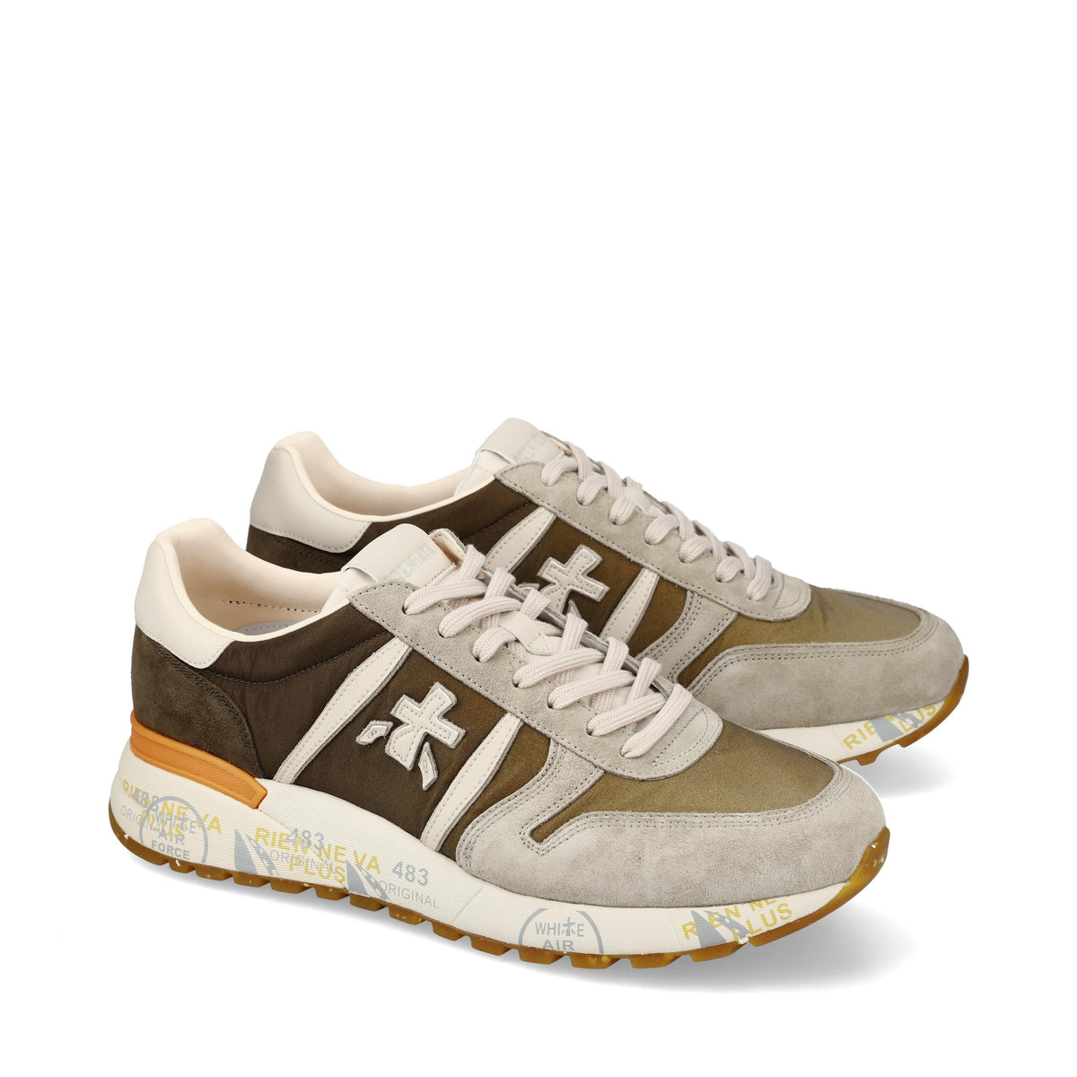 Sneakers in pelle scamosciata, tessuto e inserti in pelle 