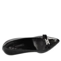 Décolleté Michelle in pelle con microglitter argento,fiocco con C-chain impreziosito da strass 