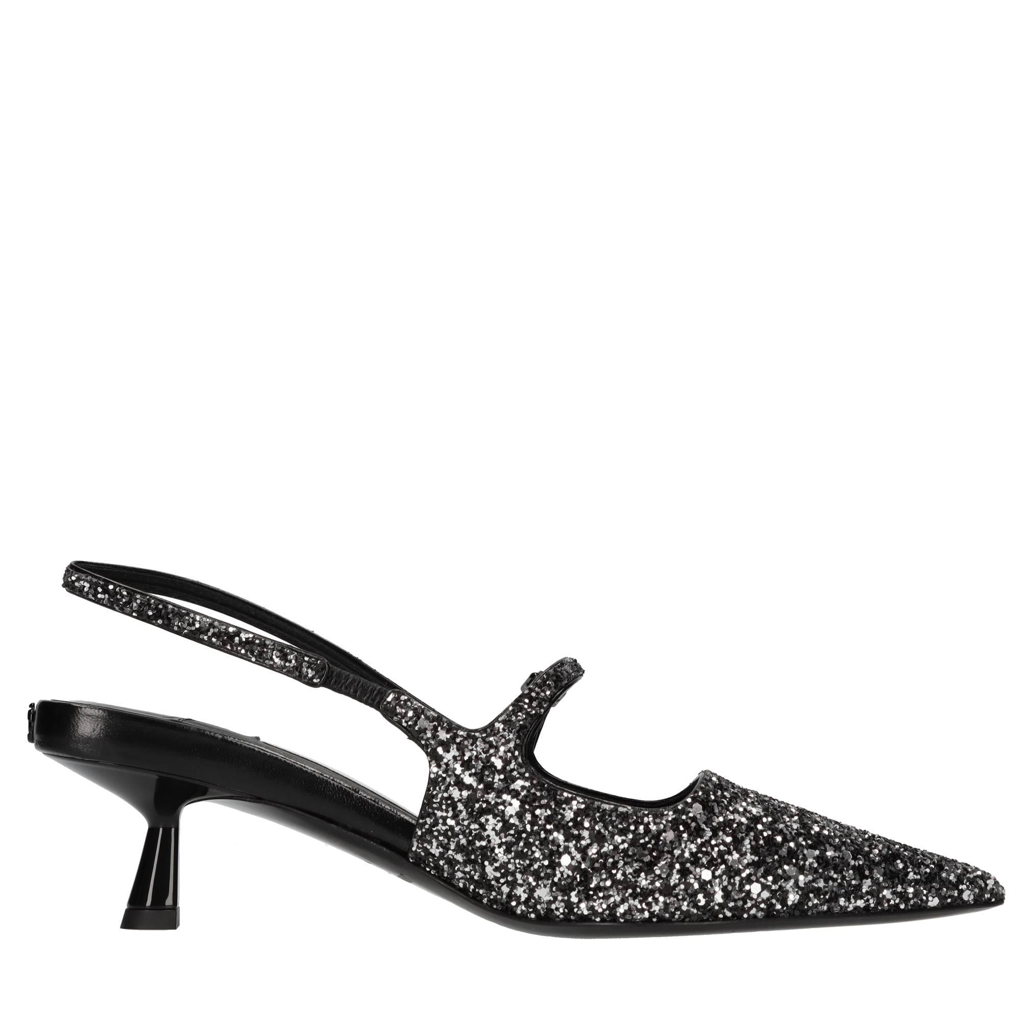Décolleté slingback in pelle e glitter 