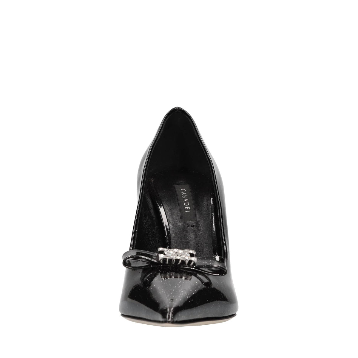Décolleté Superblade in pelle con microglitter argento,fiocco con C-chain impreziosito da strass 