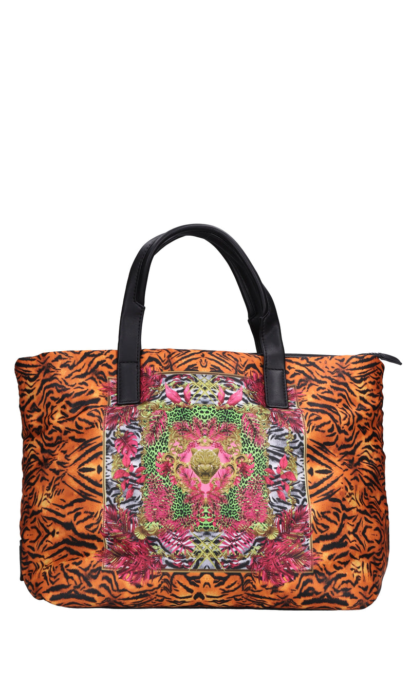 Borsa in tessuto con inserti in ecopelle 
