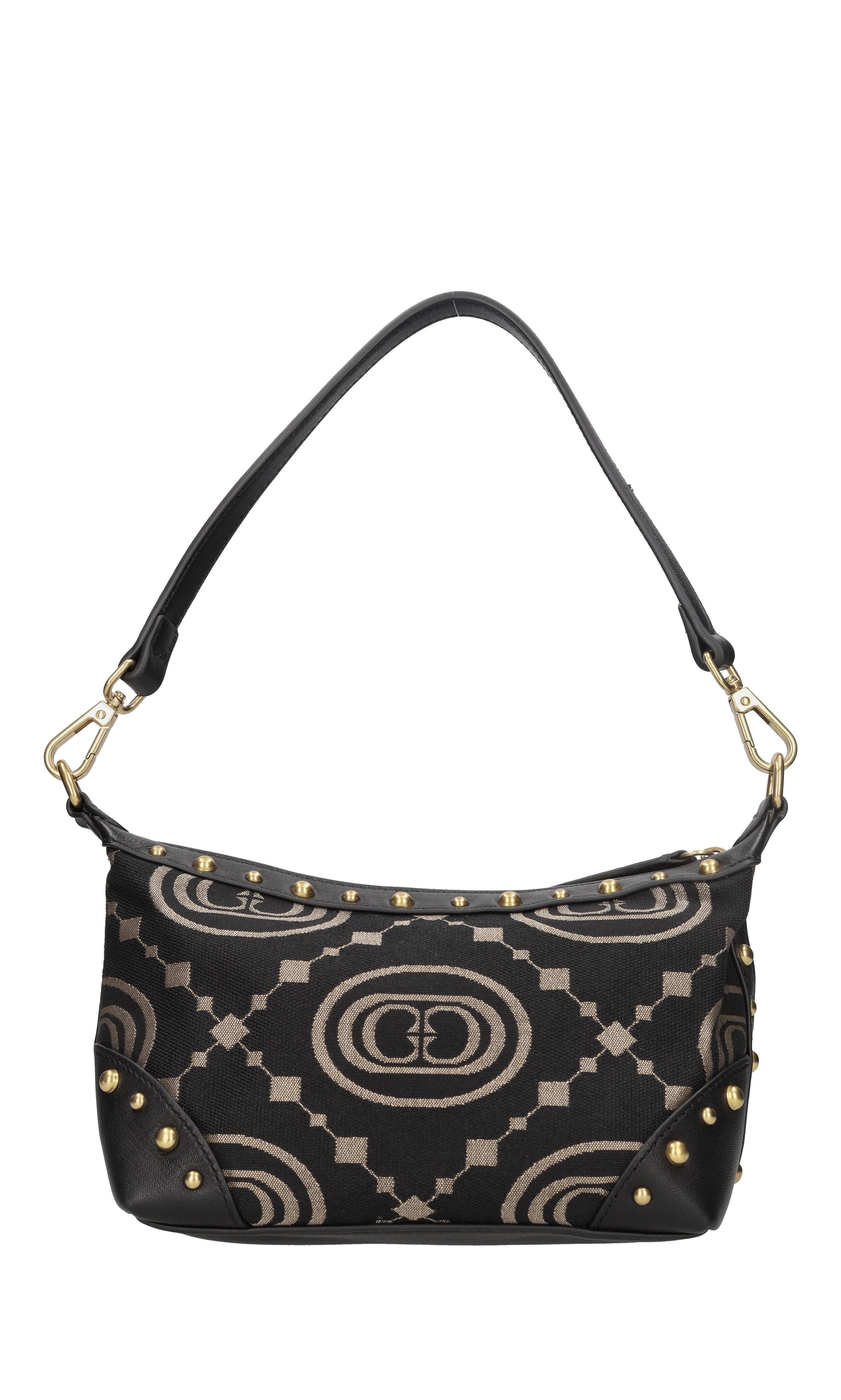 Borsa in tessuto con inserti in pelle e borchie 