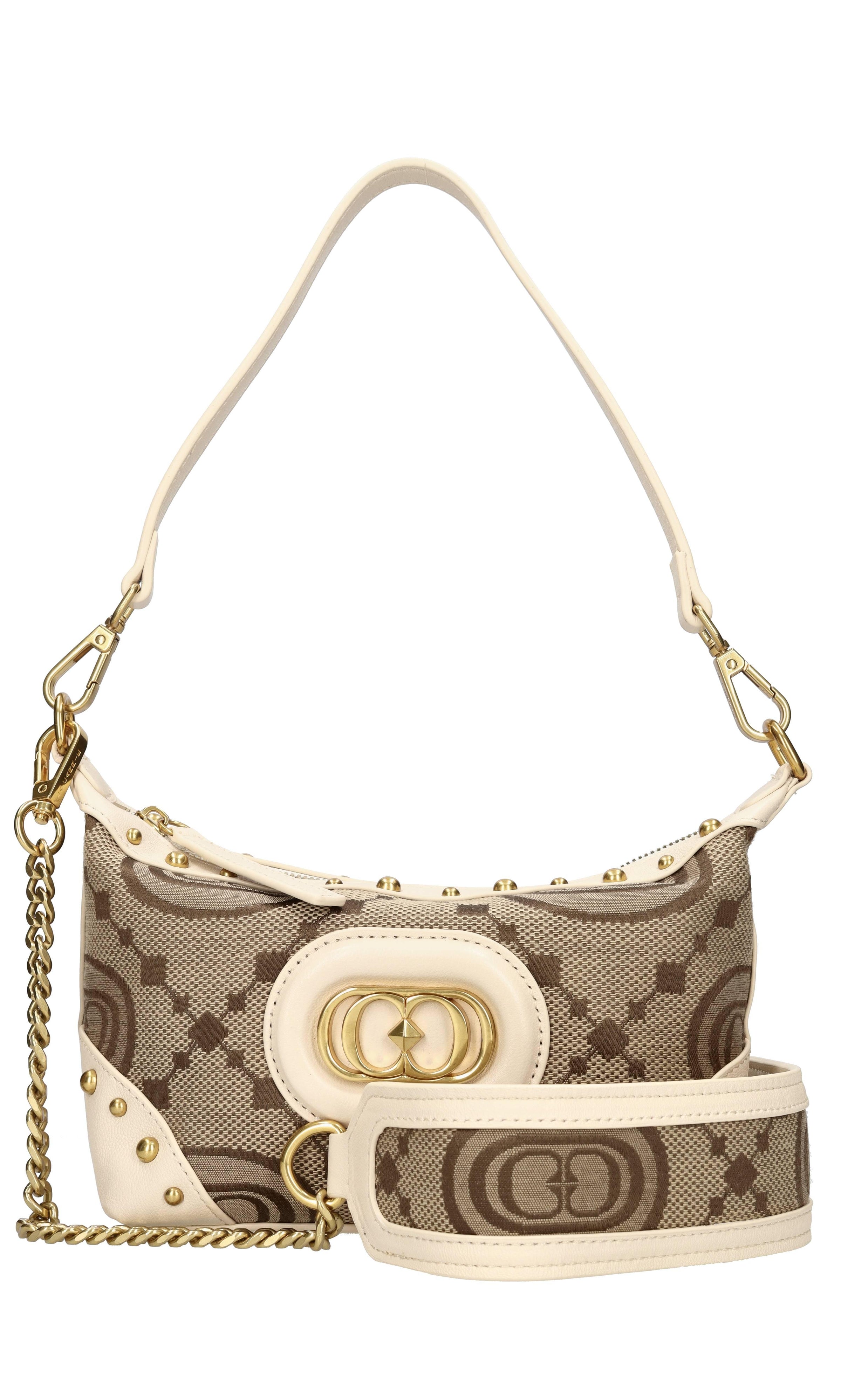 Borsa in tessuto con inserti in pelle e borchie 