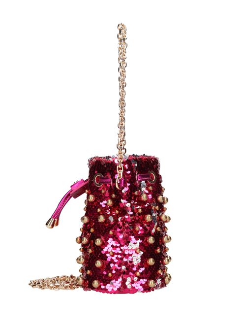 Sequin and eco-leather bag with spherical studs applied. 1 compartment LA CARRIE | NIGHT MINI PAYETTEFUCSIA